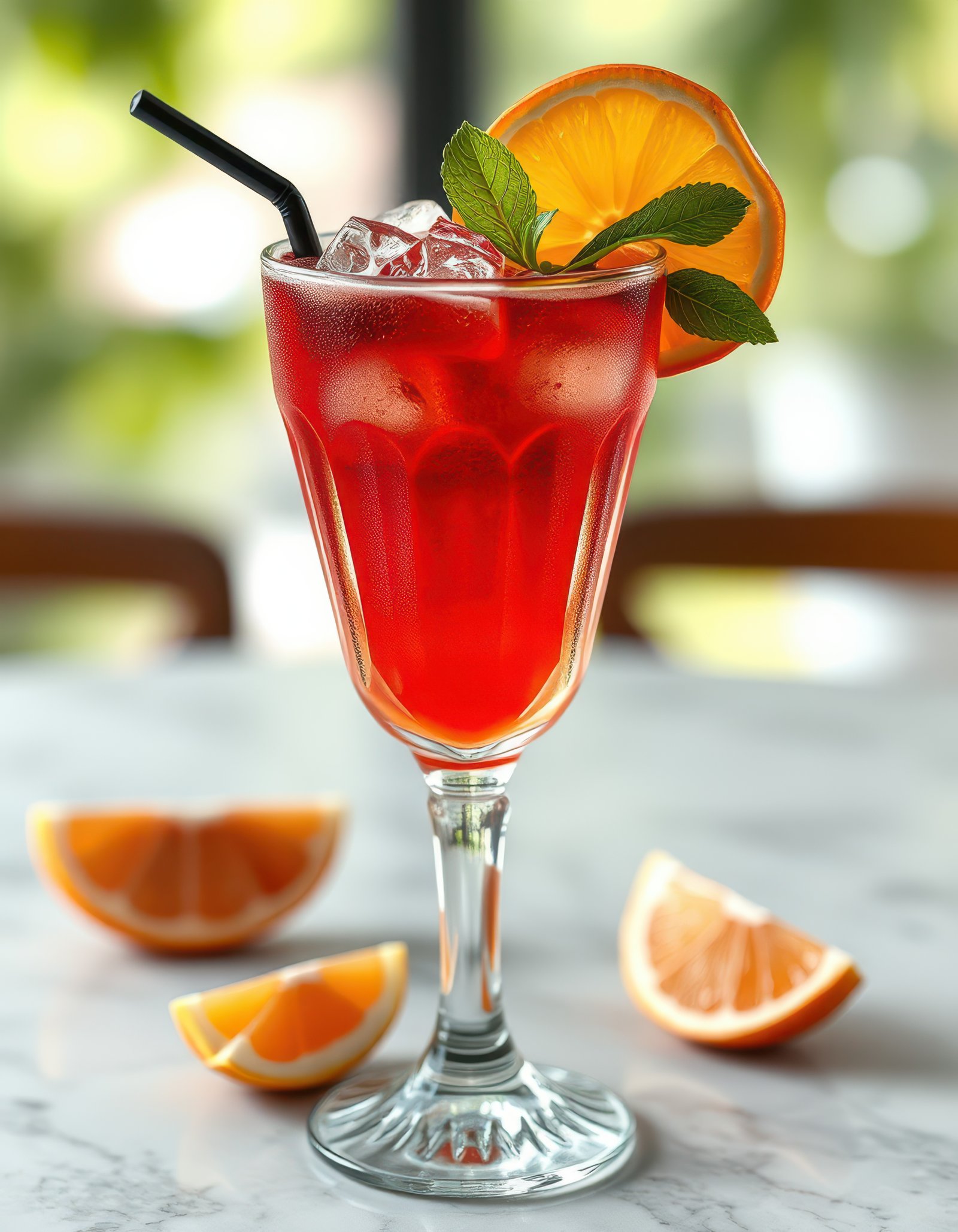Refreshing red beverage garnished with orange and mint served in glass on a marble table